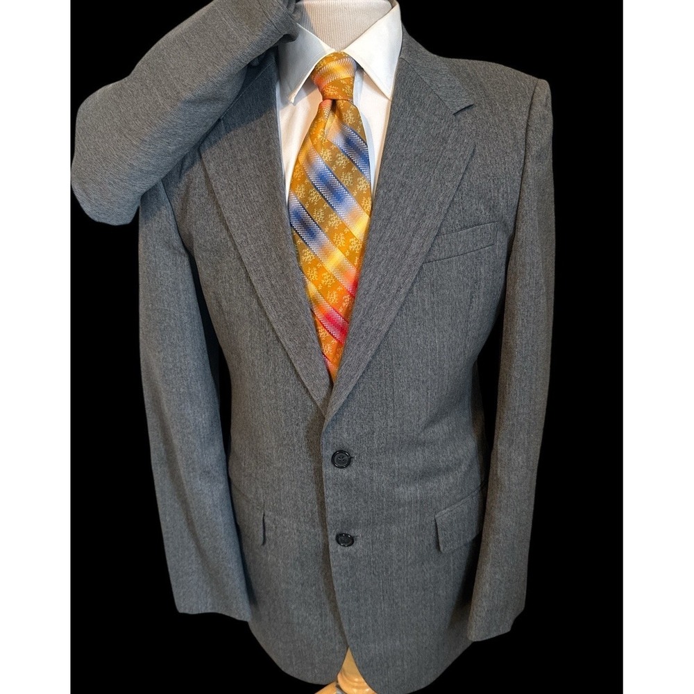 Vintage Sears Suit Sz 38L Pants 32 x 31 Gray Herringbone 2 Piece Polyester Wool